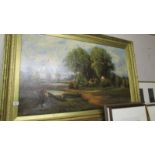 A large gilt framed oil on canvas rural scene, W Haines, (English 19th century), Frame 99 x 150 cm,