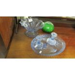 An art deco glass tray, comport, pair of candlesticks and art glass dish.