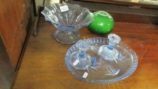 An art deco glass tray, comport, pair of candlesticks and art glass dish.