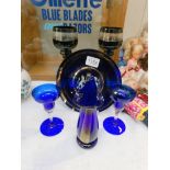 6 items of blue glass including pair of vases, commemorative plate, wine goblets etc.