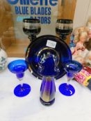 6 items of blue glass including pair of vases, commemorative plate, wine goblets etc.