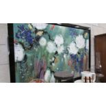 A large overpainted print 'Jade Moon' abstract on canvas by Danielle O'Connor Akhama.