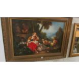 A large framed oil on board classical scene of girls with sheep, initialed NAD. 114 x 94 cm.