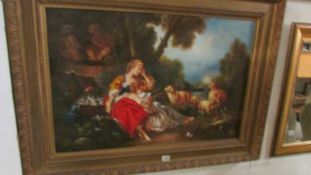 A large framed oil on board classical scene of girls with sheep, initialed NAD. 114 x 94 cm.