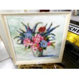 A Davis Thomas 20th century oil on board still life with flower, signed, framed.