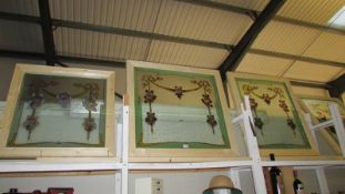 5 hand painted Edwardian stained glass windows in two sizes surmounted in modern frames.