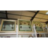 5 hand painted Edwardian stained glass windows in two sizes surmounted in modern frames.