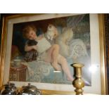 A framed and glazed mid 20th century picture of a girl with cats.