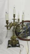 A fabulous gilt table lamp with 4 lights on a marble base (base has crack).