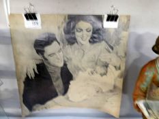 An original charcoal and pencil drawing (sealed) of Elvis, Priscilla and baby Lisa Marie.