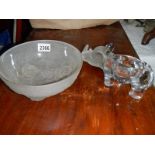 2 frosted Lalique style bowl and a glass Rhino.