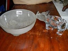 2 frosted Lalique style bowl and a glass Rhino.