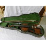 An old cased violin and bow, a/f. ****Condition report**** Back length 36cm.