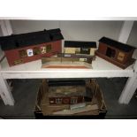 A mixed lot of vintage O' gauge wooden railway buildings to include Bassett Lowke Engine Shed,