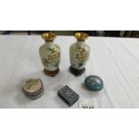 A pair of cloissonne vases, 2 trinket boxes and a matchbox holder.