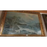 A large gilt framed and glazed print of a mountain scene.