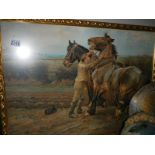 A picture on board of a farmer and horse.