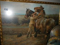 A picture on board of a farmer and horse.