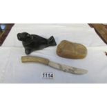 An 'Inuit' Walrus, A dolphin pin tray and a Nordic bone knife.