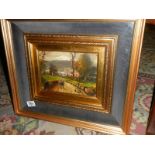 A good oil painting of a rural scene in a superb quality double gilt frame, signed but indistinct.