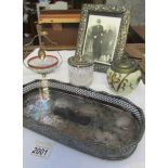 A good silver plated photo frame, an oblong silver plate tray and 3 jam dishes.