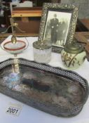 A good silver plated photo frame, an oblong silver plate tray and 3 jam dishes.