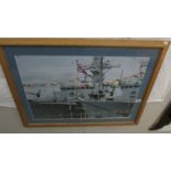 A large framed and glazed image of a battle ship, 94 x 68 cm.