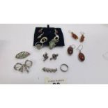 Six pairs of pendant earrings including amber, topaz etc together with 3 silver rings, brooches etc.