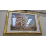 A framed and glazed print of 'Asian War Chariots' in gilt frame.