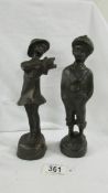 A pair of French boy/girl bronze figures, 9".