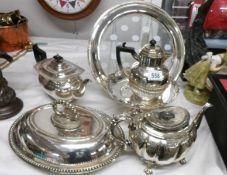 A silver plate tureen, 2 silver plate teapots, a silver plate water jug,