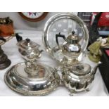 A silver plate tureen, 2 silver plate teapots, a silver plate water jug,