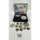 Eleven USA silver coins including 1971 dollar and 1964 JFK stamp and coin set.