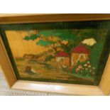 An Oriental marquetry picture, finely inlaid with coloured woods, possibly a Chinese shrine.