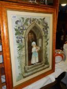 A birds eye maple framed and glazed study of a girl on the steps of a church.