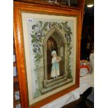 A birds eye maple framed and glazed study of a girl on the steps of a church.