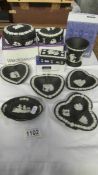 3 Wedgwood black Jasper trinket pots, vase and 5 dishes.