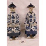 A pair of Chinese Republic blue and white seated figures, Fujian Guild/Club stamp to base.
