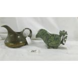 Elegant old Chinese bronze libation cup/wine vessel and an archaic form mottled green soapstone