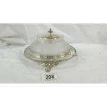 A superb quality etched glass dish on silver plate stand and with silver plate lid,