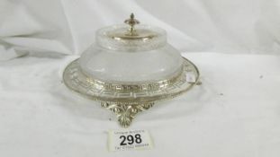 A superb quality etched glass dish on silver plate stand and with silver plate lid,