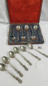 2 sets of 6 Nagasaki snake handle mocha spoons with cherry blossom motif (1 set with original box),