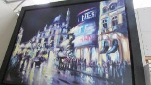 An original oil on canvas by Csilla Orban, signed on back and front, 'Picadilly Circus at Night'.