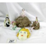 2 19th century pin cushion dolls, 2 other and a small wall mask.