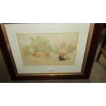 A framed and glazed watercolour farmyard with cattle signed C Adams 1856.