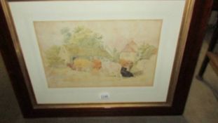A framed and glazed watercolour farmyard with cattle signed C Adams 1856.