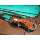 An old cased violin with bow, a/f, (bow signed but indistinct).