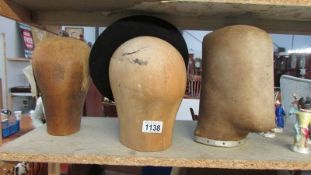 Two wood and a cloth milliners hat mould.