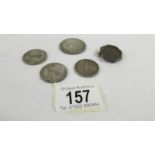A 1933 twenty franc coin, 2 ten franc coins 1930 & 1936,