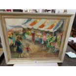 A 1950's oil on board of a market scene with women and children, signed but indistinct, framed.